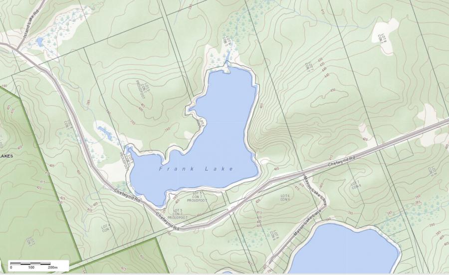 Topographical Map of Frank Lake in Municipality of Kearney and the District of Parry Sound